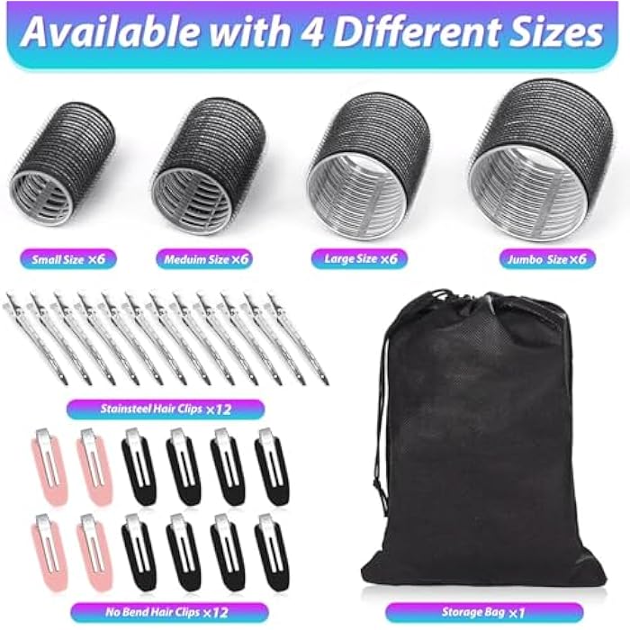 Premify Hair Rollers Set 4 Sizes/50 Pcs with Self Grip Hair Curlers Rollers, 24 Pcs Hair Clips for Blowout Look Long Medium Short Thick Hair Volume (Black) - Image 2